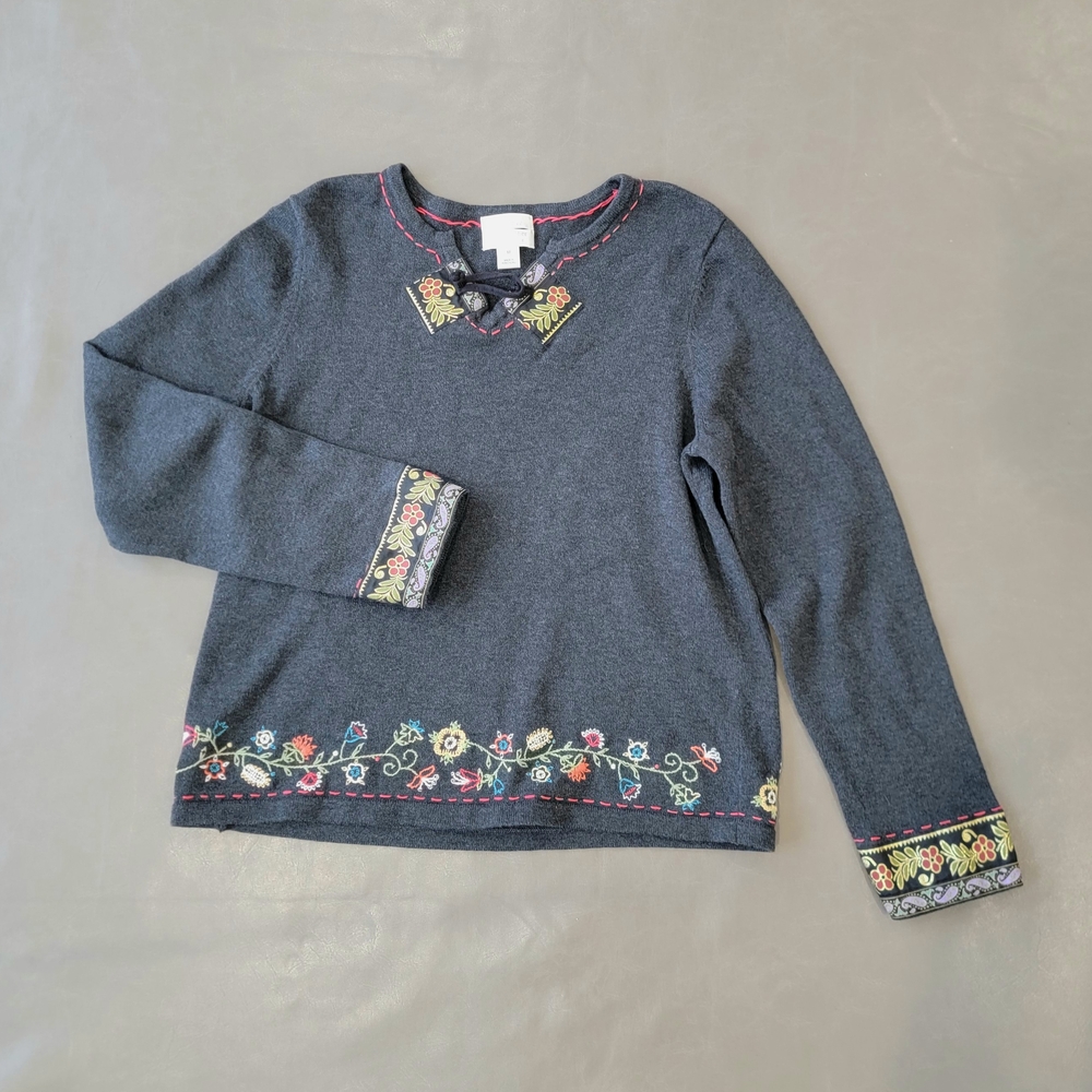 Hand Embroidered Floral Trim Grey Sweater, Christopher & Banks, Women’s Medium